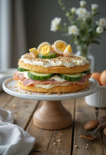 Smörgåstårta med skinka och kyckling serverad