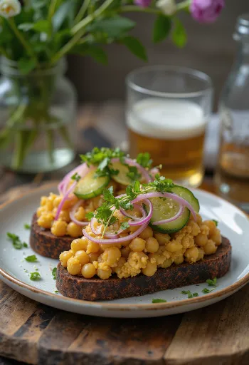 Smørrebrød med kikärtssallad, serverad på bröd dekorerad med färsk persilja