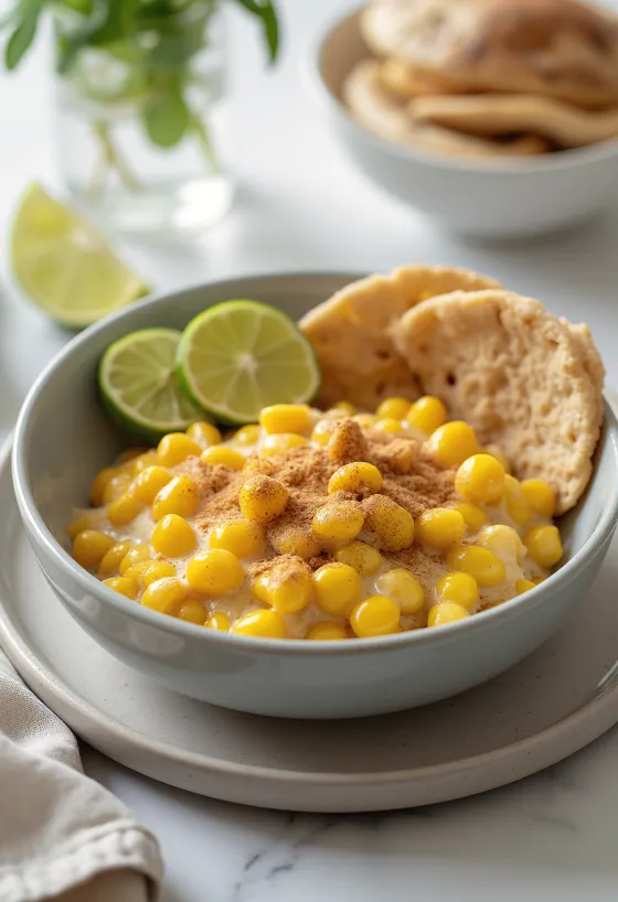 Tamalito majssallad med kanel, serverad med fetaost och limeskivor