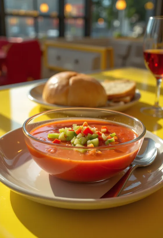 Färsk gazpacho serverad iskall, dekorerad med finhackade grönsaker
