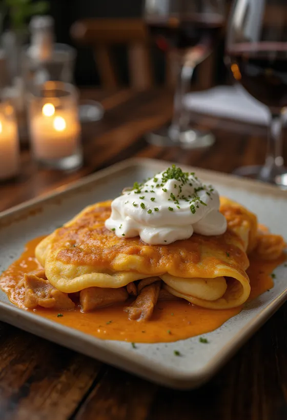 Hortobágyi köttpannkaka serverad med gräddfil och färsk persilja