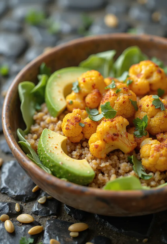 Pikant blomkåls-Buddha bowl serverad