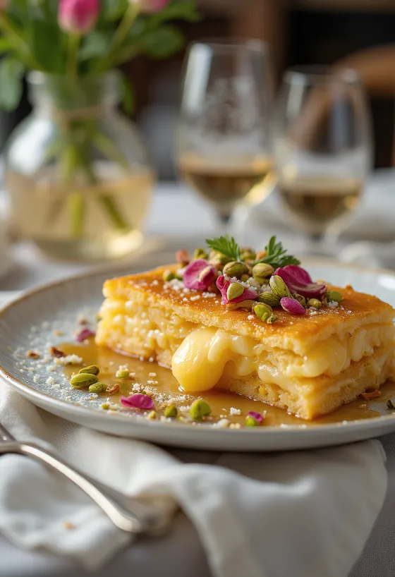 Knafeh Khishneh, serverad med ost och rosenvattensirap