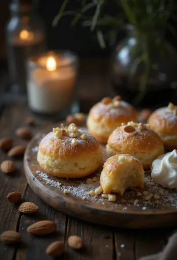 Mandelkubbkakor serverade med gräddfil, toppade med grovhackad mandel