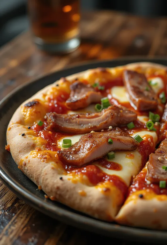 Kinesisk pizza med Char Siu fläskkött serverad