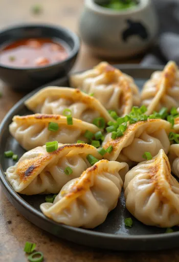 Pork Gyoza serverad stekt med sojasåsdipp