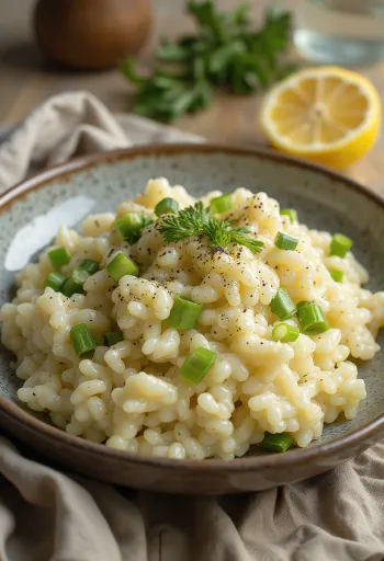 Krämig purjolöksrisotto serverad på vit tallrik, med grönskiftande riskorn