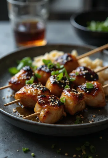 Shiro yakitori med kycklinginälvor, serverat med sesamfrön och salladslök