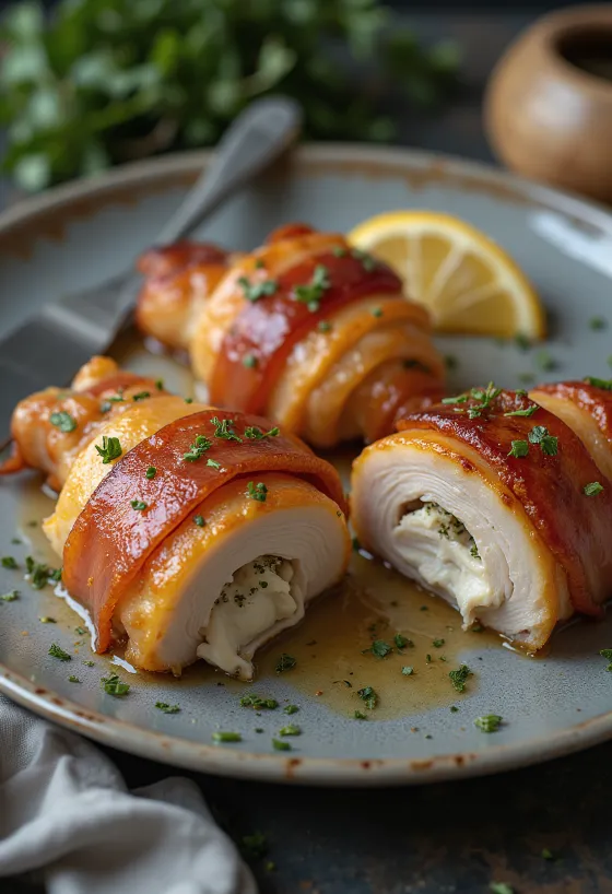 Baconlindad kycklingfilé serverad med ångade grönsaker