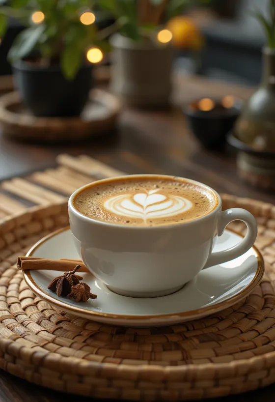 Latte med kanel och nejlika kaffedryck dekorerad med kanelstång och vispgrädde
