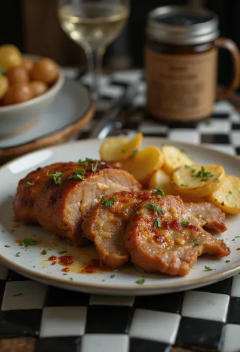 Vitlöksmarinerad fläskkarré stekt krispig, serverad med färska örter