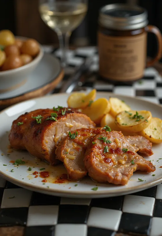 Vitlöksmarinerad fläskkarré stekt krispig, serverad med färska örter