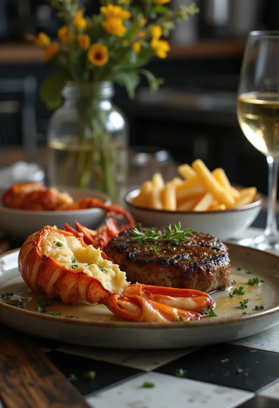 Grillad hummer och biff, lyxig surf and turf rätt