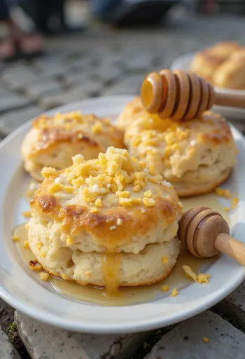 Pogácsa med getost och honung serverad på vitt porslin