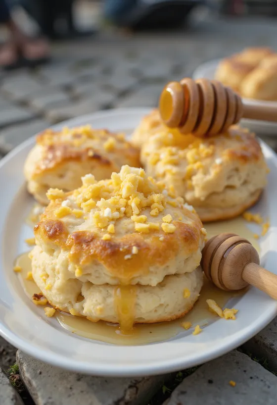 Pogácsa med getost och honung serverad på vitt porslin