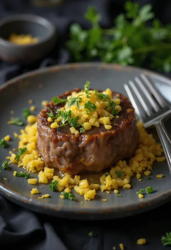 Osso buco smaksatt med citronskal, serverad med gremolata, saftigt kalvlägg i grönsakssås