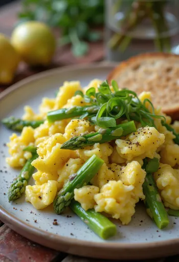 Äggrätt med purjolök och sparris serverad på ljus tallrik, med gyllenstekt ägg