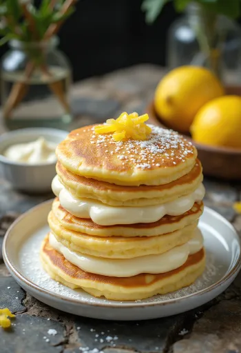 Pannkakstårta med kvarg serverad på ett fat