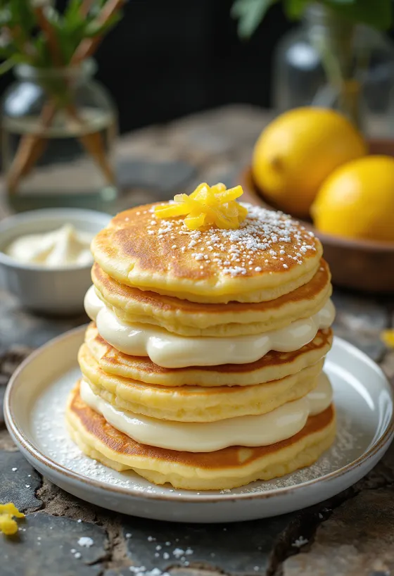 Pannkakstårta med kvarg serverad på ett fat