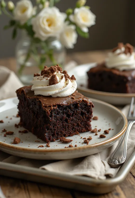 Chokladbrownietårta med vispgrädde och chokladspån