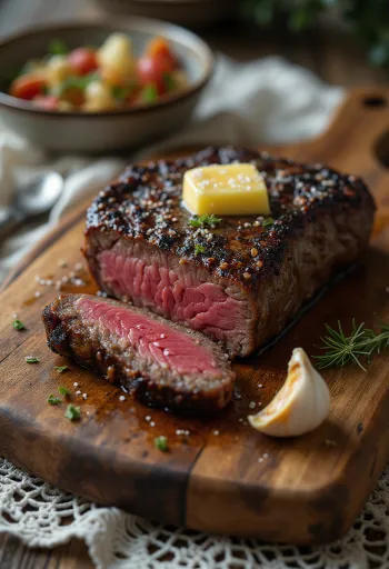 Kudu-biff serverad med citronklyftor och grönsaker.