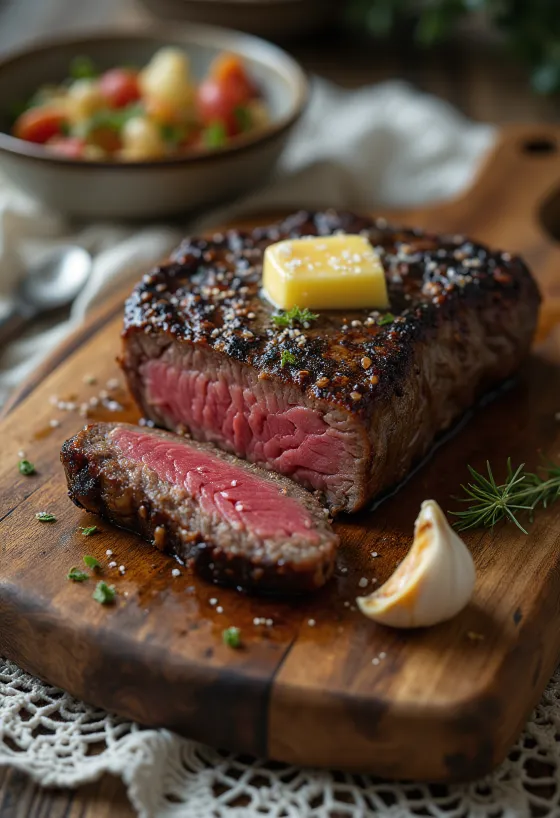 Kudu-biff serverad med citronklyftor och grönsaker.