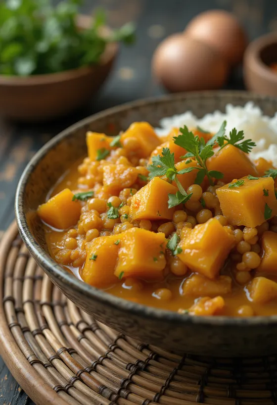 Linscurry med sötpotatis serverad
