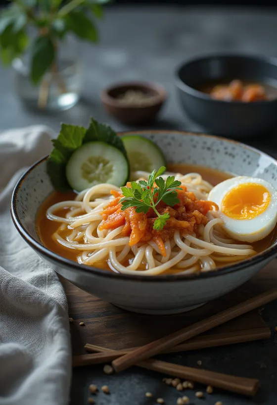 Morioka Reimen, japanska kalla nudlar med chilipasta och färska grönsaker