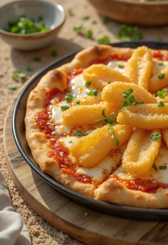 Japansk pizza med tempuragrönsaker serverad
