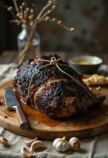 Helstekt vildsvin på spett med örter och rostade grönsaker