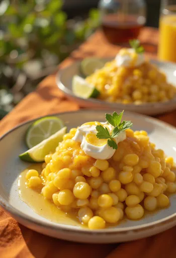 Tamalito majssallad med honung, serverad med fetaost och limeskivor