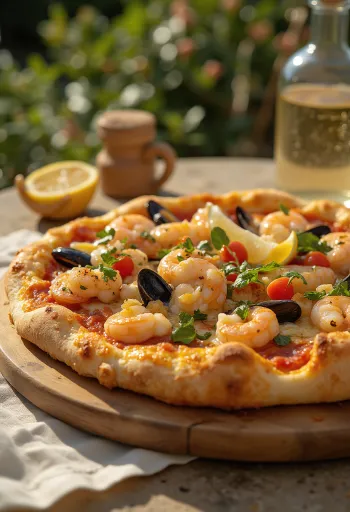 Pizza Frutti di Mare med ostfylld kant serverad