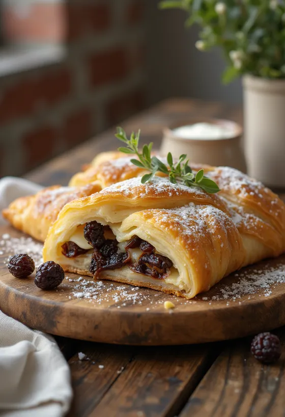 Kvargstrudel med russin serverad med florsocker