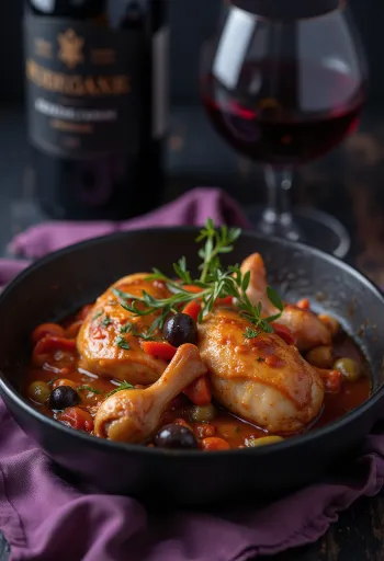 Klassisk Kyckling Cacciatore, serverad i tomatsås med paprika och oliver