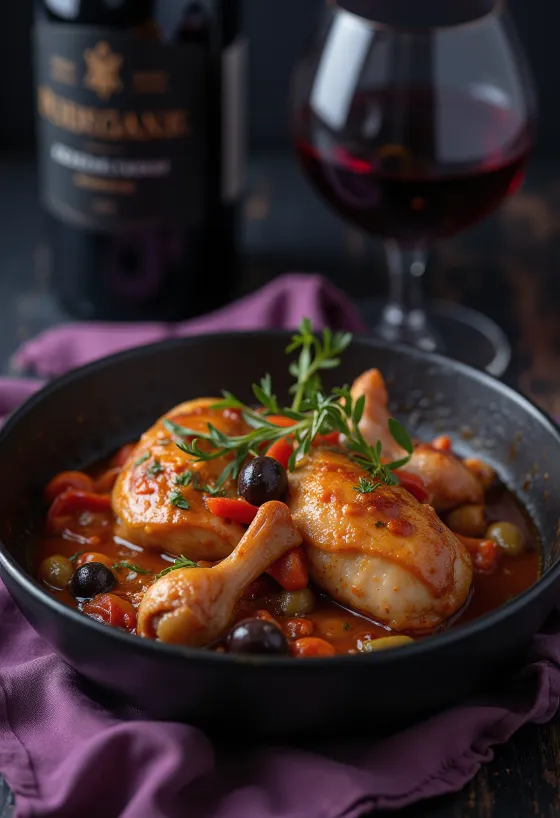 Klassisk Kyckling Cacciatore, serverad i tomatsås med paprika och oliver