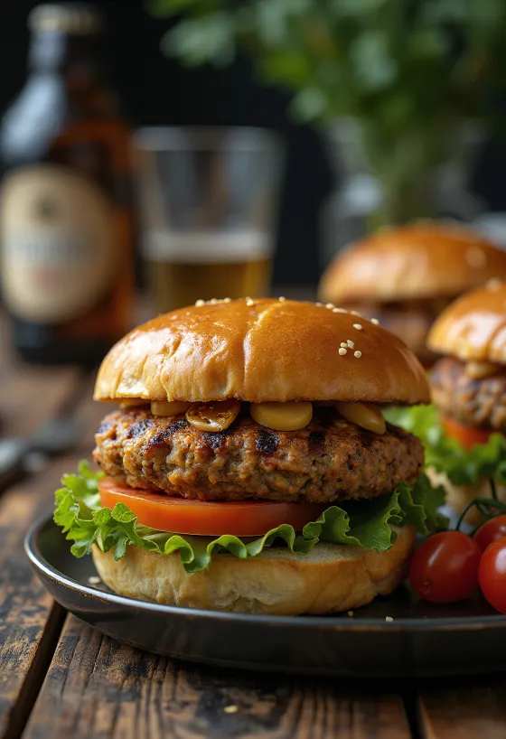 Grillade linsburgare med färs, serverade med färska grönsaker och såser