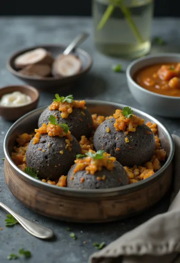 Idli med ragi serverad med curryblad