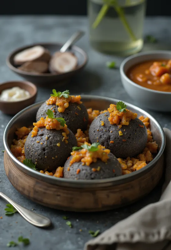 Idli med ragi serverad med curryblad