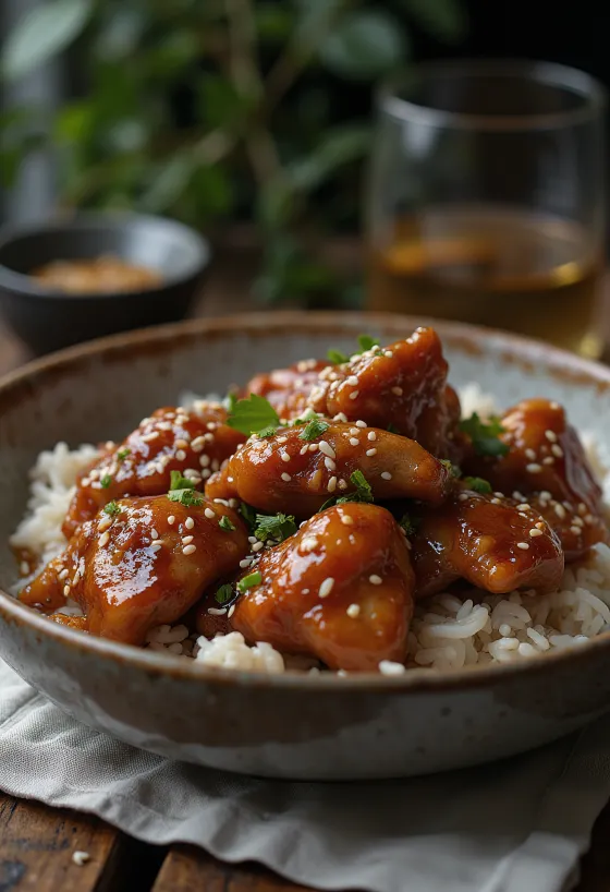 Honungskyckling stekt gyllenbrun, strödd med sesamfrön och färska örter