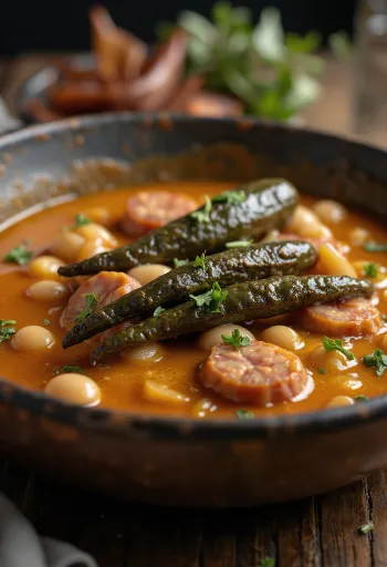 Dobradinha med lagerblad, serverad med rökt kött och bönor