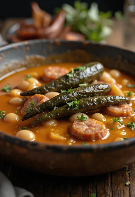 Dobradinha med lagerblad, serverad med rökt kött och bönor