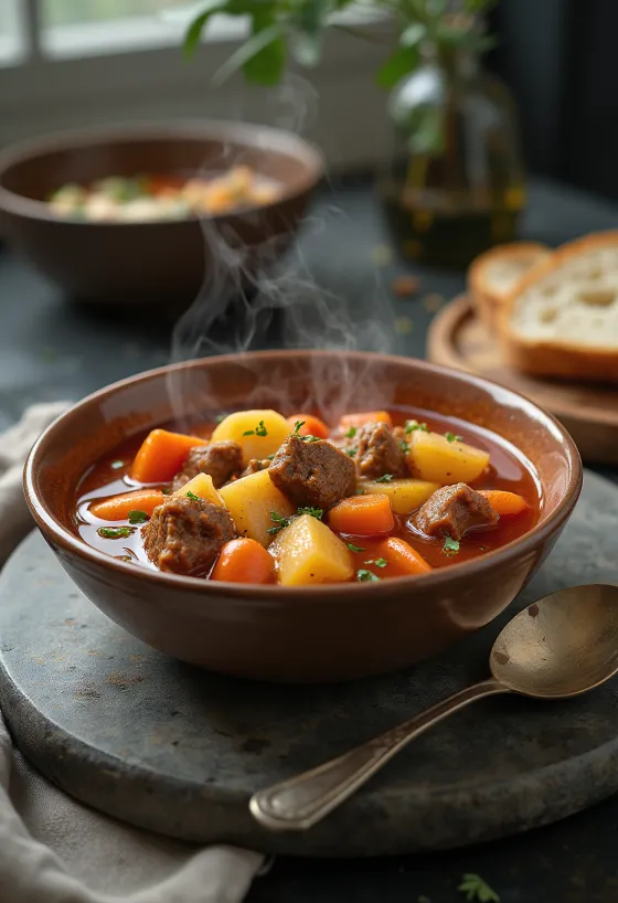 Traditionell gulaschsoppa med rikliga köttbitar och grönsaker, kryddad med röd paprika.