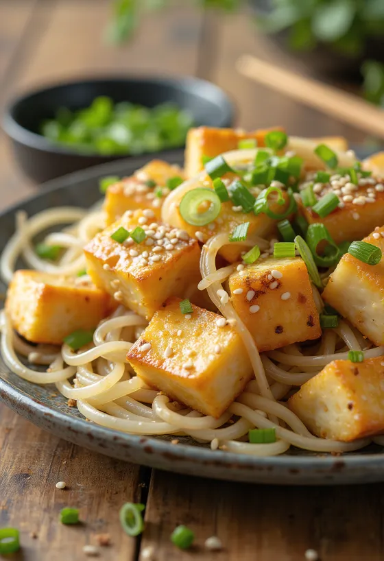 Japchae serverad med tofu, sötpotatisnudlar och grönsaker