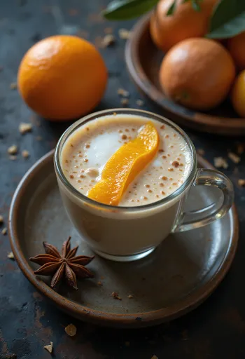 Apelsinchai i mugg, garnerad med kanelstång och apelsinskiva