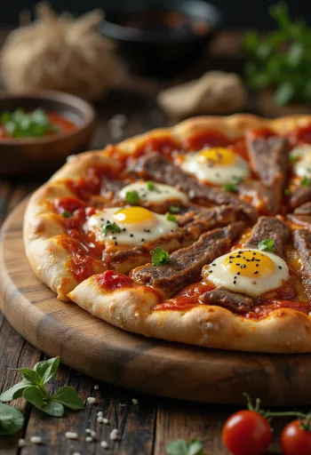 Koreansk pizza med Bulgogi nötkött serverad