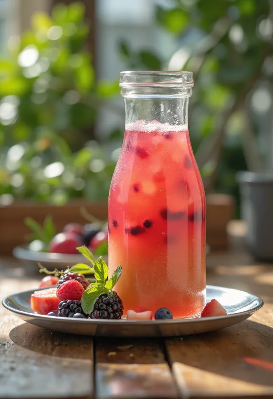 Probiotisk fruktsmaksatt kombucha serverad i flaska med färgglada fruktbitar