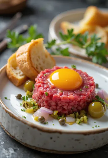 Steak Tartare serverad med äggula och rostat bröd