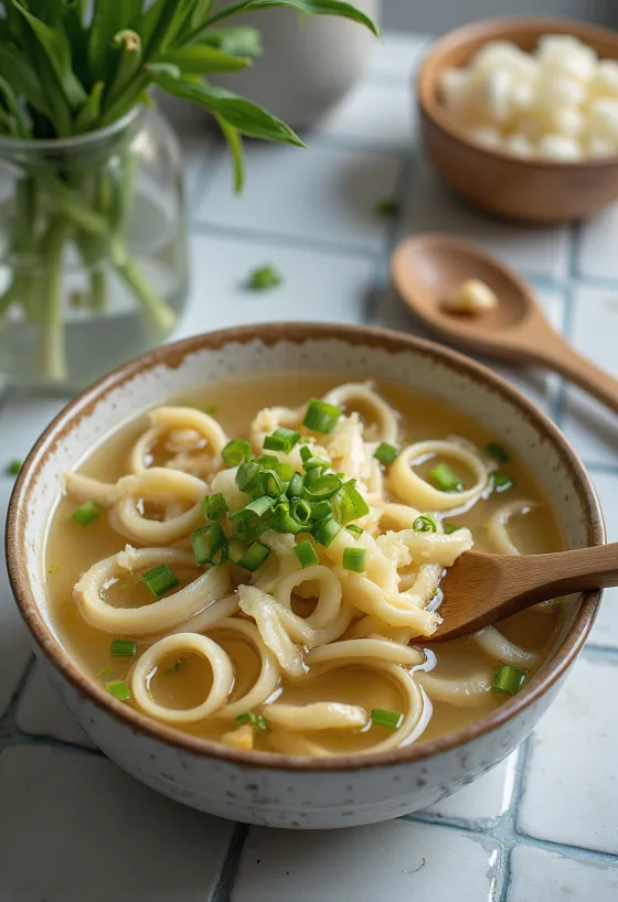 Sujebi med vårlök, serverad med färska örter och gräddfil