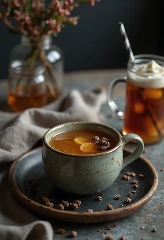 Mugg med varm cider kryddad med enbär och rosmarin