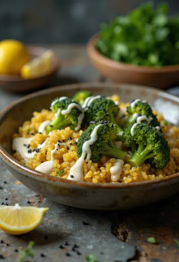 Broccoliquinoabowl med lime- och currytahini serverad